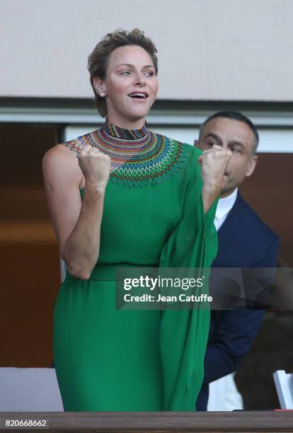 Princess Charlene of Monaco cheers for countryman Wayde van Niekerk of South Africa during his 400m at the IAAF Diamond League Meeting Herculis 2017...