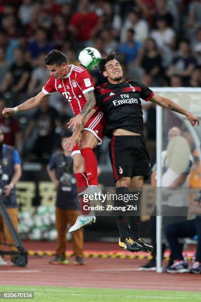 James Rodriguez of FC Bayern Muenchen in action against Gustavo Gomez of AC Milan during the 2017 International Champions Cup football match between...