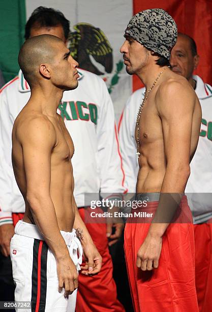 Miguel Cotto of Puerto Rico and Antonio Margarito of Mexico face off during their official weigh-in at the MGM Grand Garden Arena July 25, 2008 in...