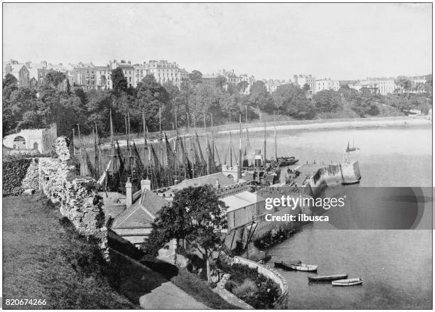 antique photograph of seaside towns of great britain and ireland: tenby - pembrokeshire stock illustrations