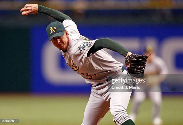 Relief pitcher Brad Ziegler of the Oakland Athletics pitches against the Tampa Bay Rays during the game on July 22, 2008 at Tropicana Field in St....