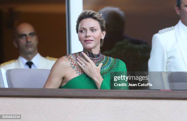 Princess Charlene of Monaco cheers for countryman Wayde van Niekerk of South Africa during his 400m at the IAAF Diamond League Meeting Herculis 2017...