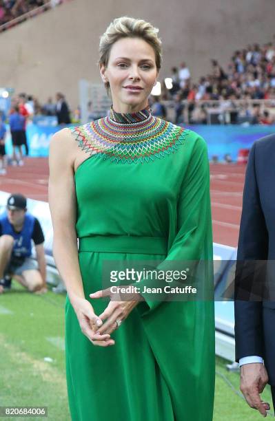 Princess Charlene of Monaco participates at the medals ceremony during the IAAF Diamond League Meeting Herculis 2017 on July 21, 2017 in Monaco,...