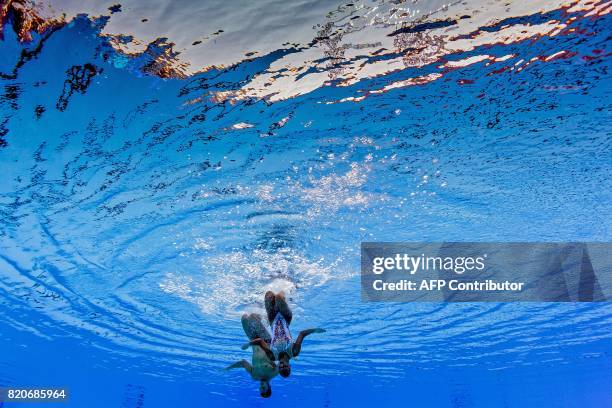 This picture taken with an underwater camera shows Italy's Giorgio Minisini and Italy's Mariangela Perrupato competing in the Mixed duet Free Routine...