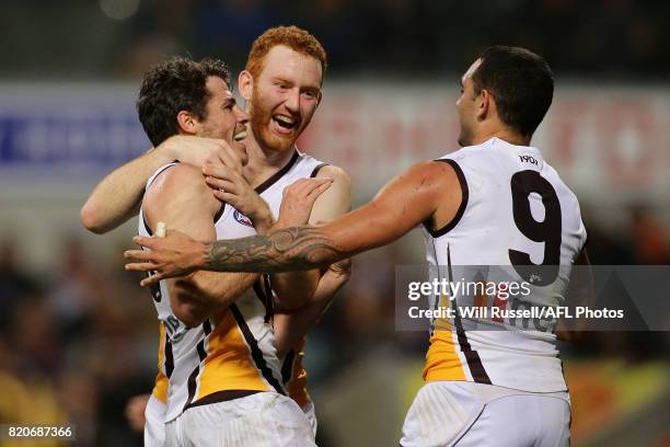 Isaac Smith of the Hawks celebrates after scoring a goal during the round 18 AFL match between the Fremantle Dockers and the Hawthorn Hawks at Domain...