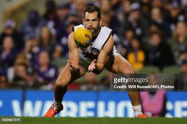 Luke Hodge of the Hawks marks the ball during the round 18 AFL match between the Fremantle Dockers and the Hawthorn Hawks at Domain Stadium on July...