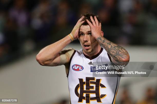 Kaiden Brand of the Hawks reacts after a missed pass during the round 18 AFL match between the Fremantle Dockers and the Hawthorn Hawks at Domain...