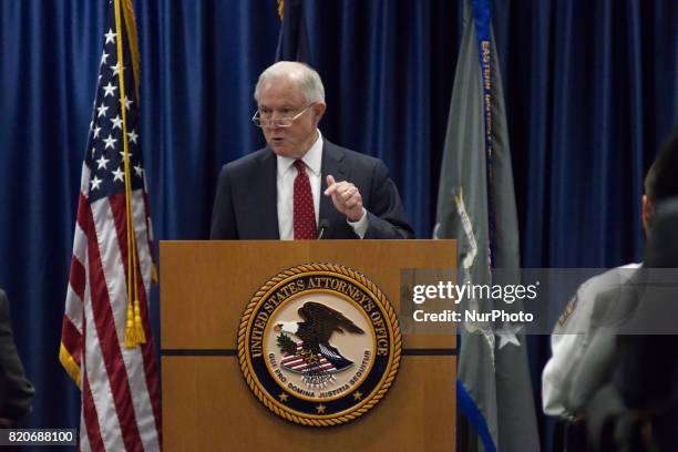 Attorney General Jeff Sessions delivers a speech outlining the Department of Justice policy regarding Sanctuary Cities and crime by illegal...