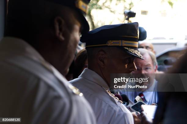 Philadelphia Police Dept. Commissioner Richard Ross reacts after US Attorney General Jeff Sessions delivered a speech outlining the Department of...