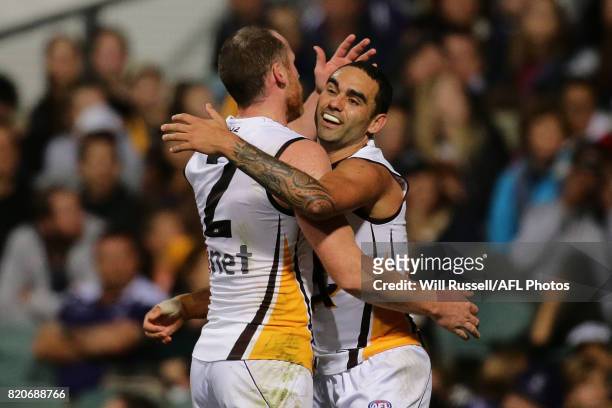 Shaun Burgoyne of the Hawks celebrates after scoring a goal during the round 18 AFL match between the Fremantle Dockers and the Hawthorn Hawks at...