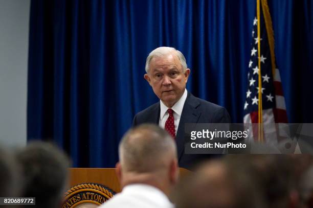 Attorney General Jeff Sessions delivers a speech outlining the Department of Justice policy regarding Sanctuary Cities and crime by illegal...