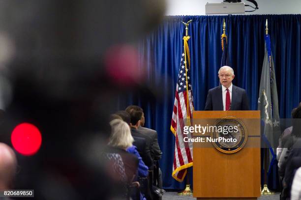 Attorney General Jeff Sessions delivers a speech outlining the Department of Justice policy regarding Sanctuary Cities and crime by illegal...