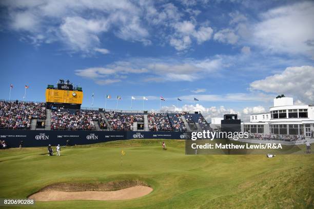 Branden Grace of South Africa putts onto the 18th green during the third round of the 146th Open Championship at Royal Birkdale on July 22, 2017 in...