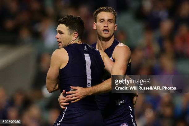 Hayden Ballantyne of the Dockers celebrates after scoring a goal during the round 18 AFL match between the Fremantle Dockers and the Hawthorn Hawks...