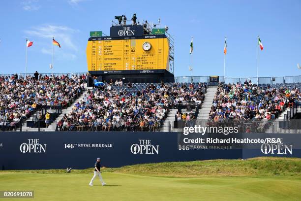 Branden Grace of South Africa walks on the 18th green during the third round of the 146th Open Championship at Royal Birkdale on July 22, 2017 in...