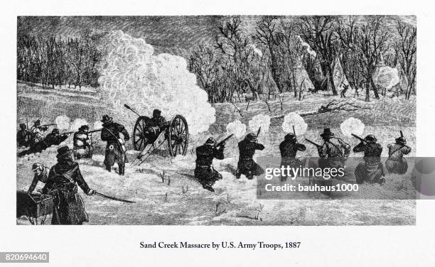 sand creek massacre by u.s. army troops engraving, 1887 - civil war dead stock illustrations