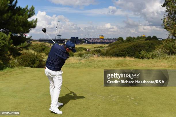 Branden Grace of South Africa tees off on the 18th hole during the third round of the 146th Open Championship at Royal Birkdale on July 22, 2017 in...