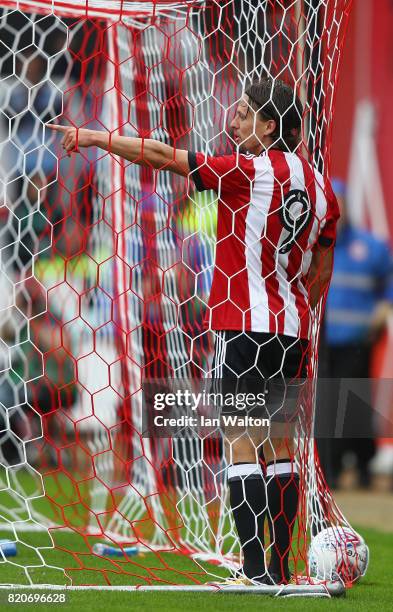 Lasse Vibe of Brentford celebrates scoring a goal during the Pre Season Friendly match between Brentford and Southampton at Griffin Park on July 22,...