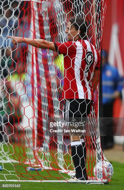 Lasse Vibe of Brentford celebrates scoring a goal during the Pre Season Friendly match between Brentford and Southampton at Griffin Park on July 22,...