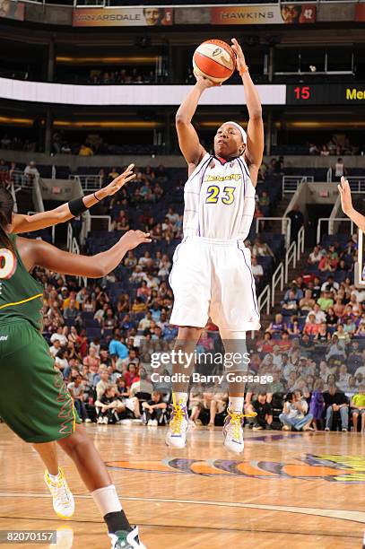 Cappie Pondexter of the Phoenix Mercury shoots against the Seattle Storm on July 25 at U.S. Airways Center in Phoenix, Arizona. NOTE TO USER: User...