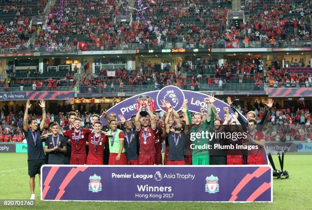 Liverpool lift the Premier League Asia Trophy after the Premier League Asia Trophy Final between Liverpool FC and Leicester City on July 22, 2017 in...