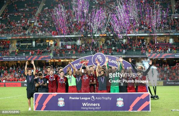 Liverpool lift the Premier League Asia Trophy after the Premier League Asia Trophy Final between Liverpool FC and Leicester City on July 22, 2017 in...