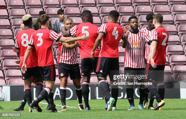 Jeremain Lens of Sunderland players celebrate scoring the the second goal during a pre-season friendly match between Bradford City and Sunderland AFC...