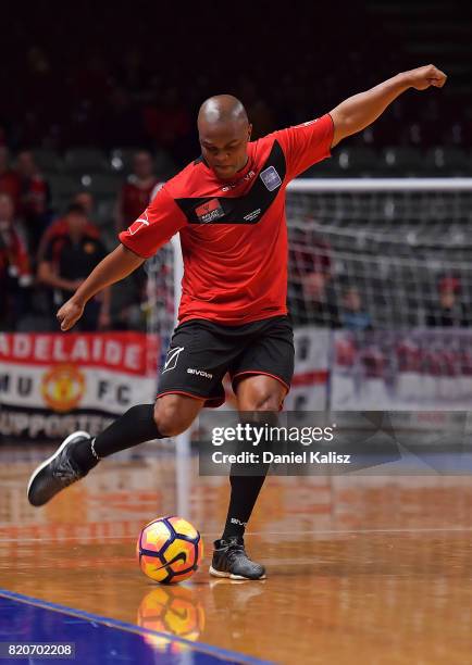 Quinton Fortune of Manchester United strikes the ball during the match between the Liverpool Legend and the Manchester United Legends at Titanium...