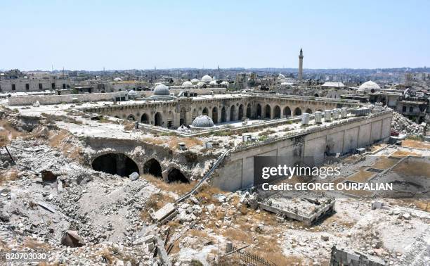 Picture taken on July 22, 2017 in the northern Syrian city of Aleppo, which was recaptured by government forces in December 2016, shows a general...