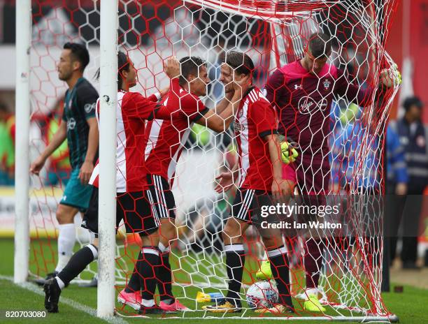 Lasse Vibe of Brentford celebrates scoring a goal during the Pre Season Friendly match between Brentford and Southampton at Griffin Park on July 22,...