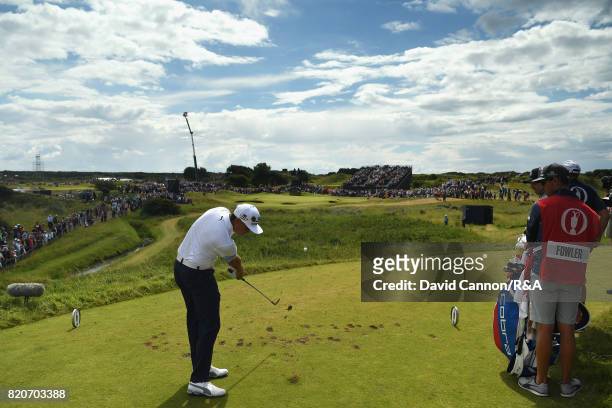 Rickie Fowler of the United States tees off on the 7th hole during the third round of the 146th Open Championship at Royal Birkdale on July 22, 2017...