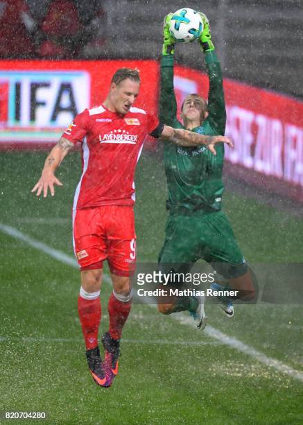 Sebastian Polter of 1.FC Union Berlin and Alex Smithies of the Queens Park Rangers during the game between Union Berlin and the Queens Park Rangers...