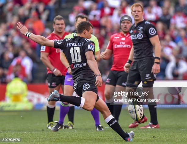 Sharks' Curwin Bosch delivers an unsuccessful drop kick during the Super Rugby quarter-final match between Lions and Sharks at the Ellis Park rugby...