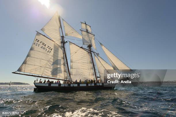 Shooner La Recouvrance taking part in the 7th edition of the Brest International Maritime Festival, a festival hosting one of the largest gatherings...