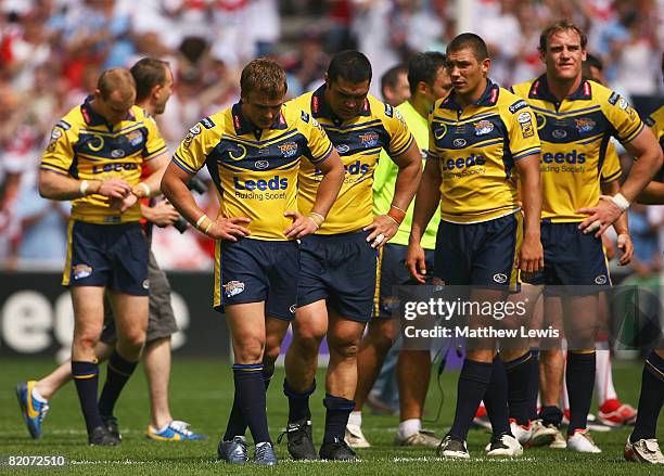 Leeds Rhinos players look on, after their defeat to St.Helens during the Carnegie Challenge Cup Semi Final match between Leeds Rhinos and St.Helens...