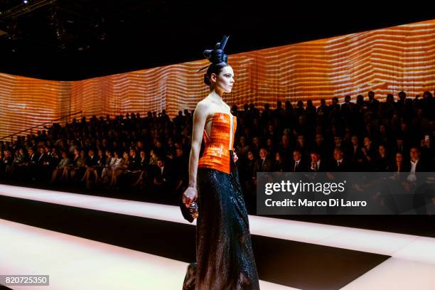 April 30: a model is seen on the catwalk during the fashion show at Armani Theatre April 30, 2015 in Milan, Italy. In 1975 Giorgio Armani launch his...