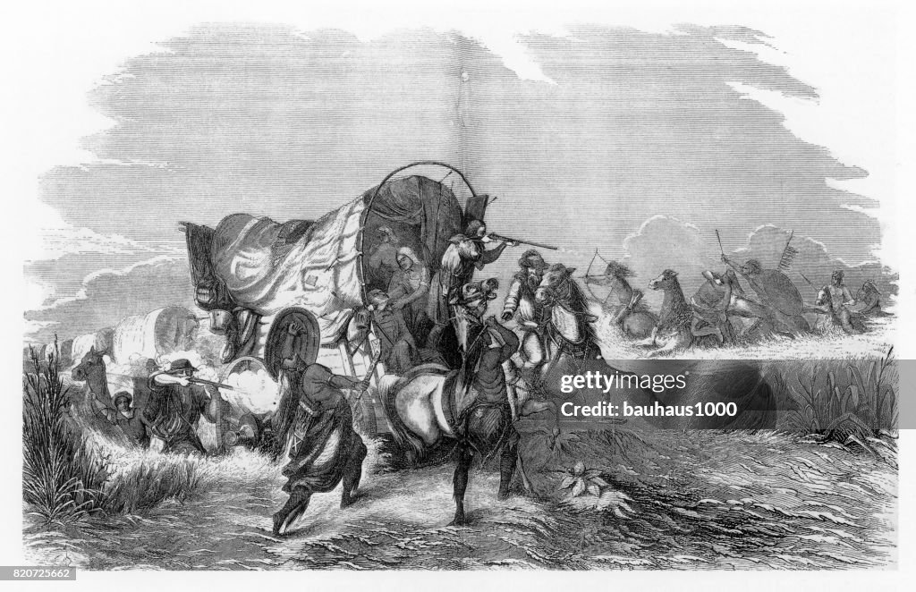 Attacking US Immigrants, American Indians Engraving, 1884