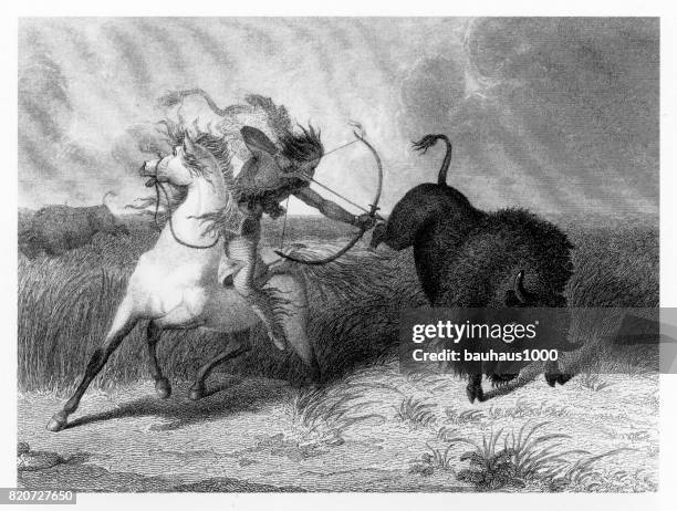 indians hunting bison, native american engraving, 1887 - apache culture stock illustrations