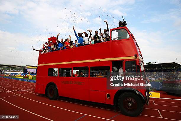 Great Britain and Northern Ireland Athletes set for Beijing are waved off on a London Bus during day 2 of the Norwich Union Aviva London Grand Prix...