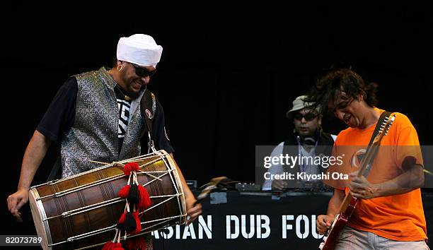 Cyber, Pandit G and Chandrasonic of Asian Dub Foundation perform during the Fuji Rock Festival at Naeba Ski Resort on July 26, 2008 in Yuzawa,...