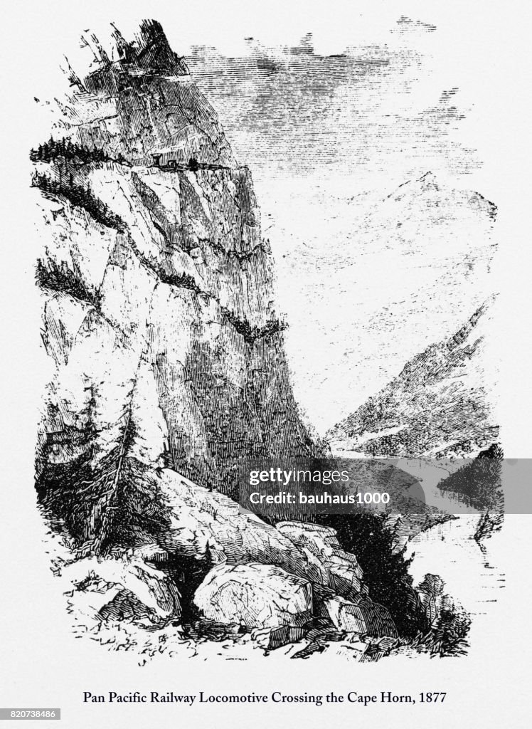 Pan Pacific Railway Locomotive Crossing the Cape Horn Engraving, 1877