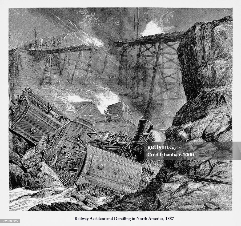 Railway Accident and Derailing in North America Engraving, 1887