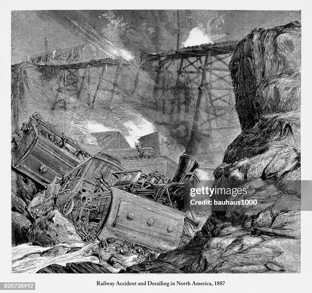railway accident and derailing in north america engraving, 1887 - history and progress of the steam engine stock illustrations