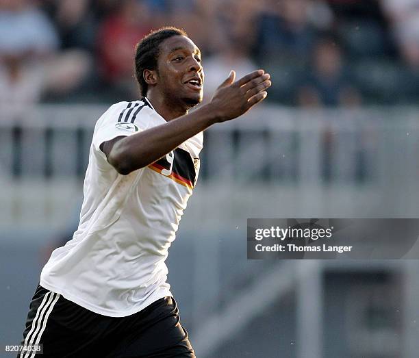 Richard Sukuta-Pasu of Germany reacts after scoring the 2-0 goal during the U19 European Championship final match between Germany and Italy on July...