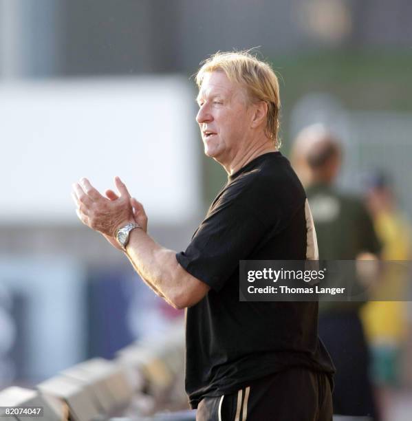 Horst Hrubesch of Germany reacts during the U19 European Championship final match between Germany and Italy on July 26, 2008 in Jablonec nad Nisou,...