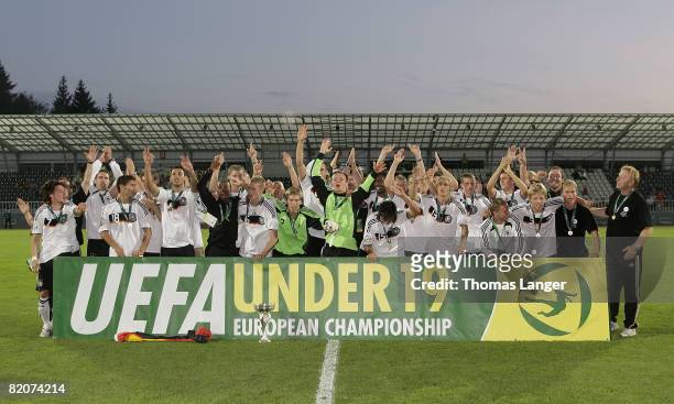 Players of Germany celebrate after the U19 European Championship final match between Germany and Italy on July 26, 2008 in Jablonec nad Nisou, Czech...