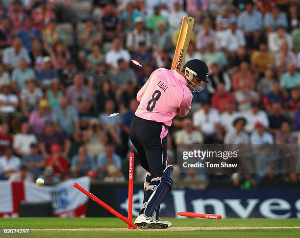 Shaun Udal of Middlesex is bowled out during the Twenty20 Cup Final match between Kent and Middlesex at the Rosebowl on July 26, 2008 in Southampton,...