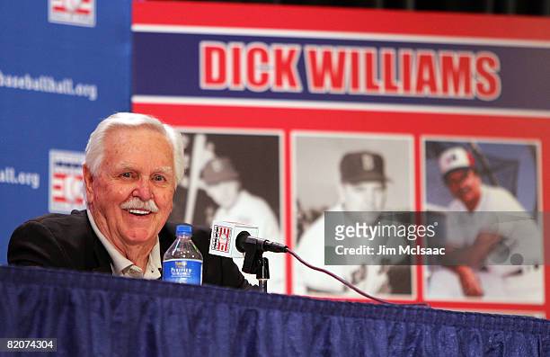Hall of Fame inuctee Dick Williams speaks to the media during a press conference at the Cooperstown Central School during the Baseball Hall of Fame...