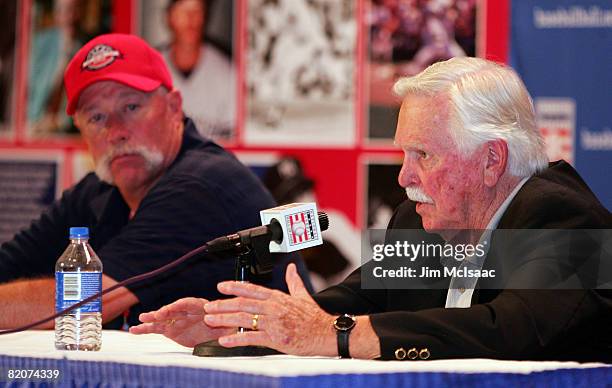 Hall of Fame inuctee Dick Williams speaks to the media during a press conference as fellow inductee Rich "Goose" Gossage looks on at the Cooperstown...