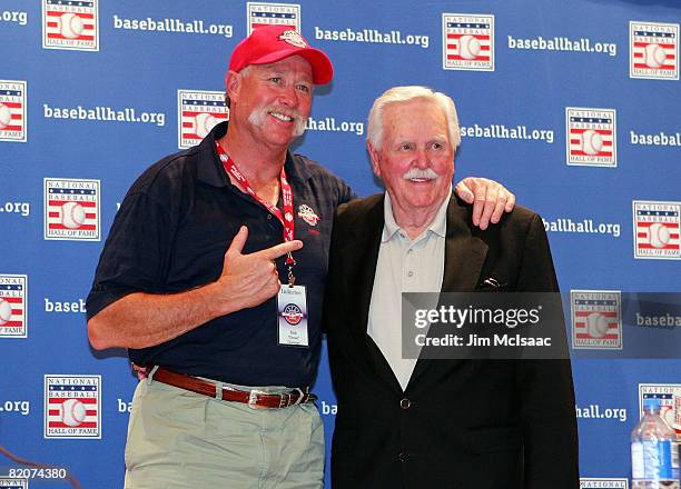 Hall of Fame inductees Rich 'Goose' Gossage and Dick Williams pose for a photo after a press conference at the Cooperstown Central School during the...
